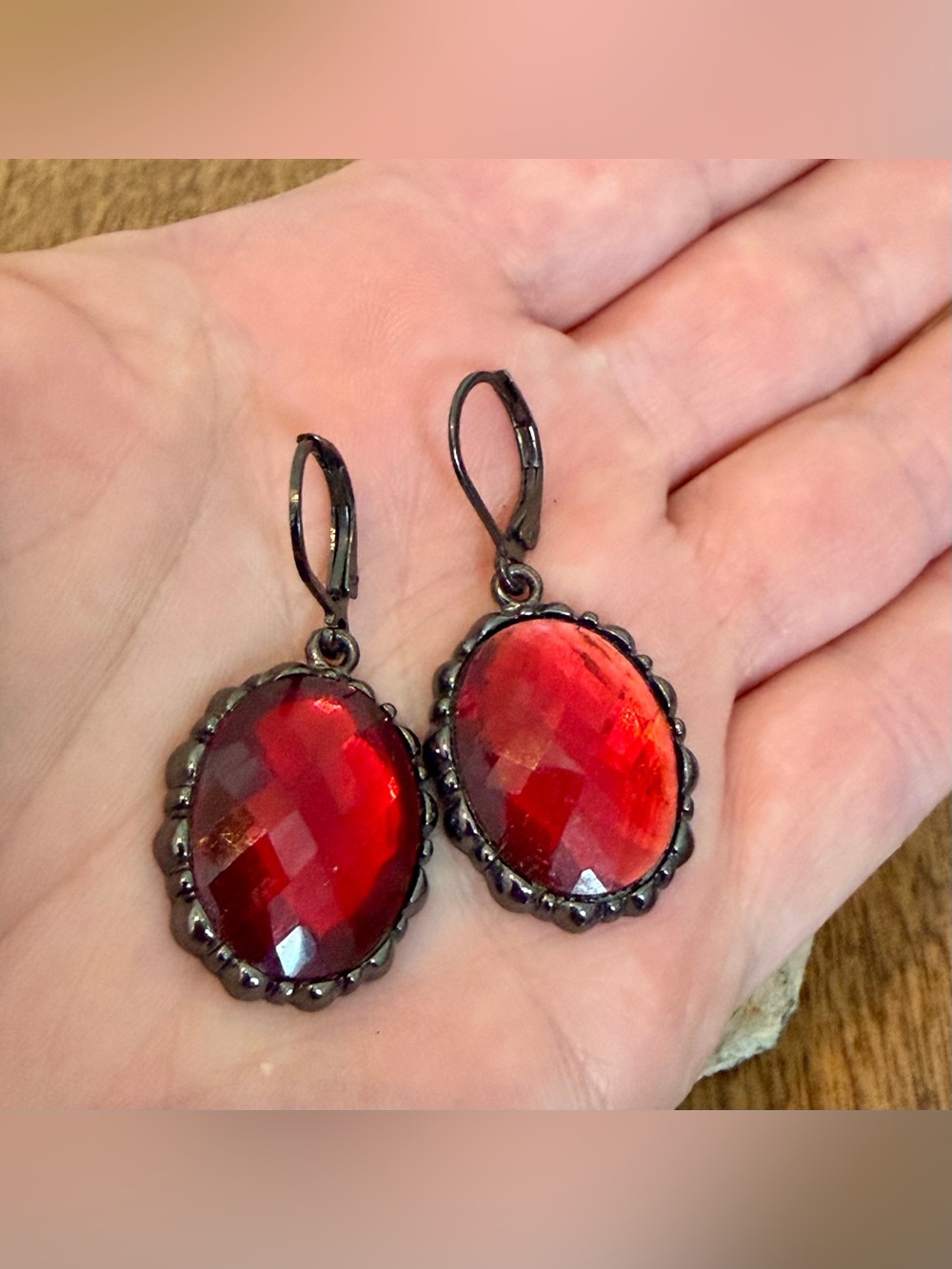 Joan Rivers Gunmetal & Faceted Red Rhinestones Dangle Earrings, Signed Vintage
